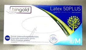 Bingold Gloves - Disposable Gloves Latex 50plus, Powder-free, Size 8-m, Natural, 100 Pcs.