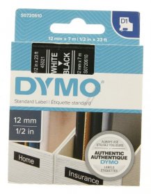 Dymo Colour Cartridge - S0720610 Label Tape White On Black 12mm-7m Dymo D1 Tape