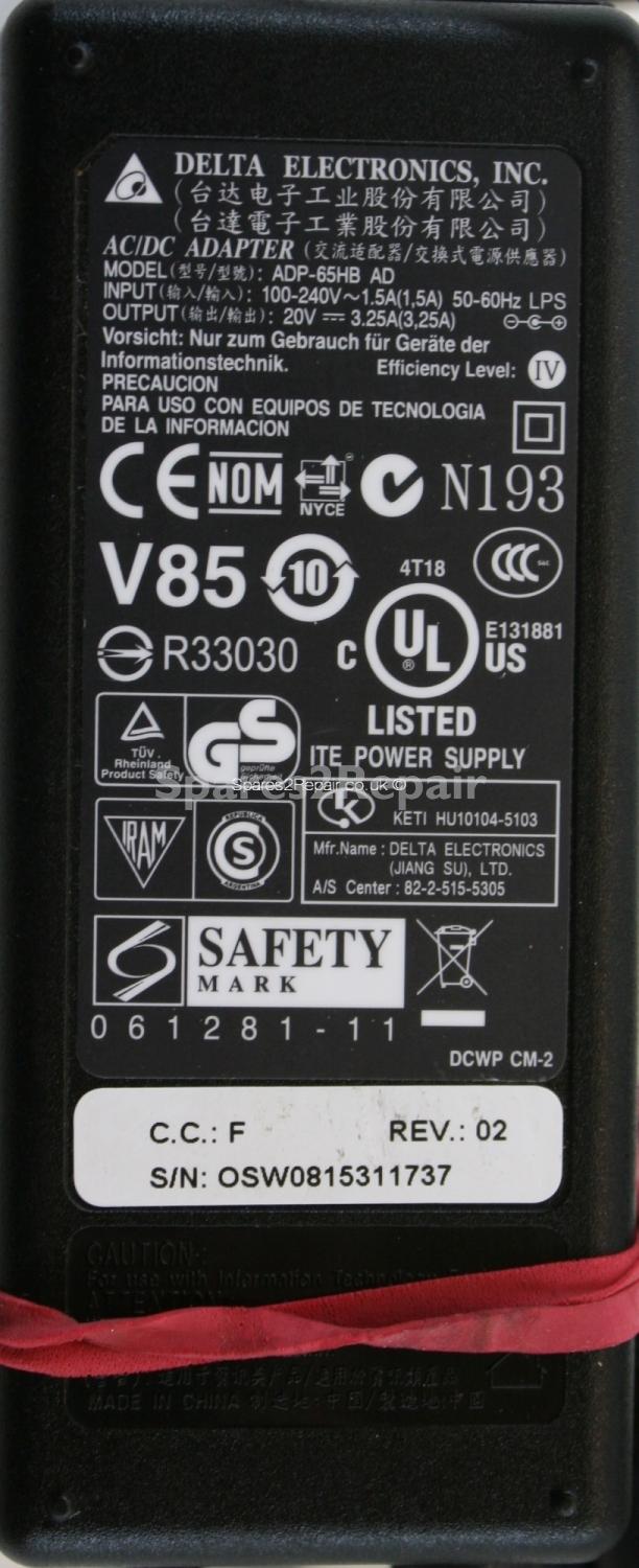 Delta Electronics Inc - Charger - ADP-65HB AD - Rev.02 - 20V 3.25A (Original)