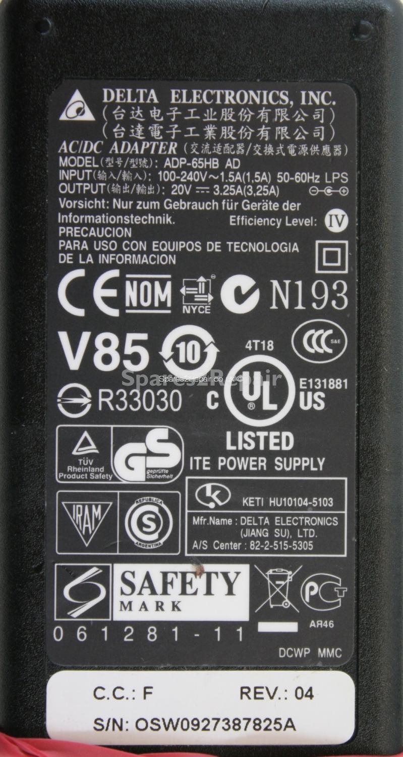 Delta Electronics Inc - Charger - ADP-65HB AD - Rev.04 - 20V 3.25A (Original)