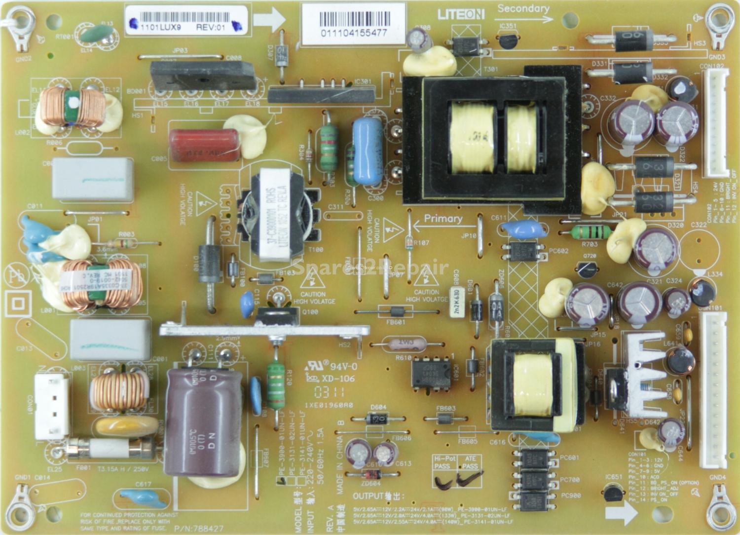 Toshiba 32HL833B - Power Supply - PE-3900-01UN-LF - REV.A - 1XE01960A0 - 788427 - 1101LUX9 - REV:01
