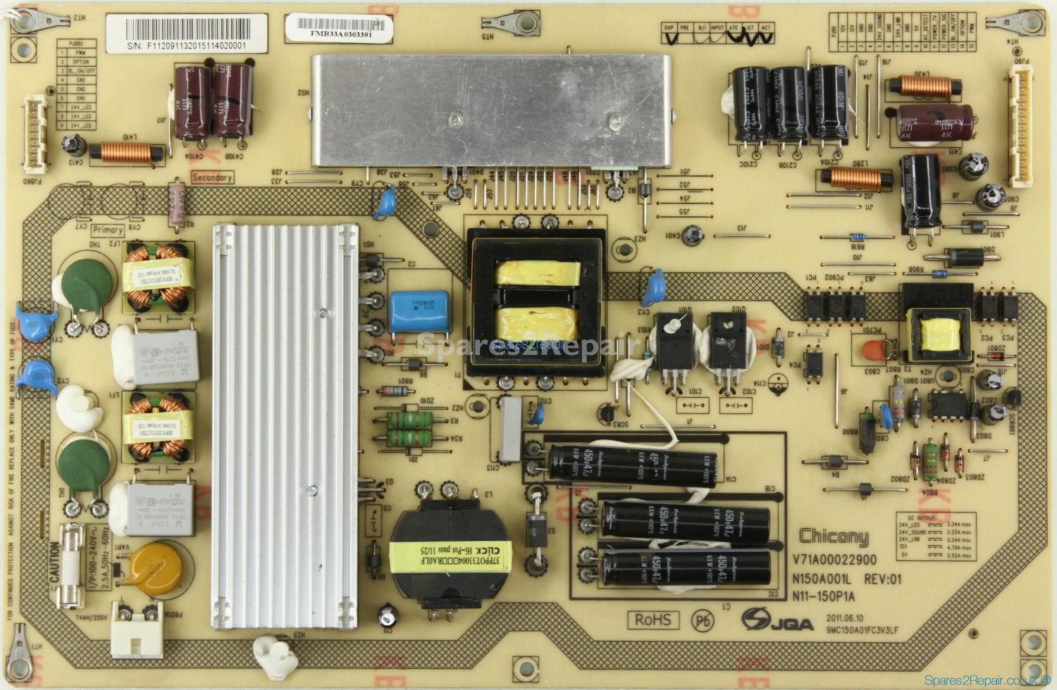 Toshiba 40TL868 - Power Supply - V71A00022900 - N150A001L - REV:01 - N11-150P1A - 9MC150A01FC3V3LF